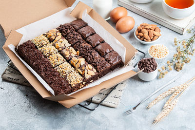 High angle view of chocolate cake on table