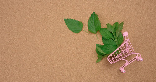 Pink miniature metal cart with green mint leaves on brown background, flat lay