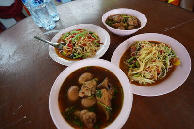 High angle view of meal served on table