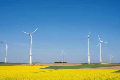 A field of flowering rapeseed with wind turbines seen in germany