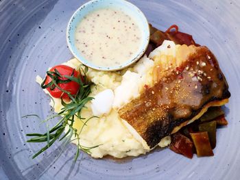 High angle view of fresh meal served in plate