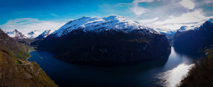 Scenic view of lake and mountains against sky