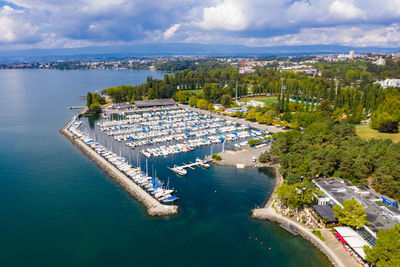 High angle view of harbor and city