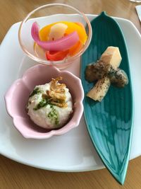 High angle view of breakfast served on table