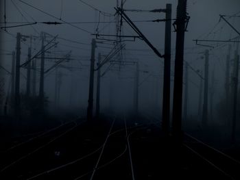 Railroad tracks by trees during foggy weather