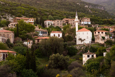 High angle view of buildings in town