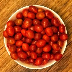 Directly above shot of strawberries in bowl on table