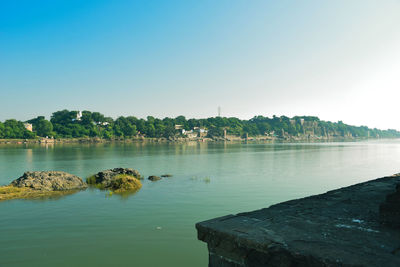 Scenic view of lake against clear blue sky