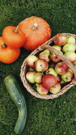 High angle view of fruits in basket