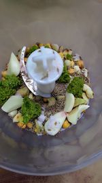 High angle view of dessert in plate on table