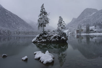 Scenic view of lake and snowcapped mountains against sky
