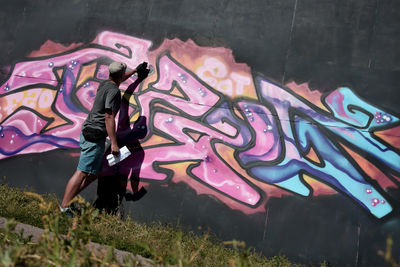 High angle view of people on wall