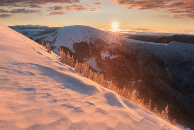 Scenic view of snowcapped mountains against sky during sunset