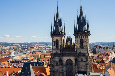 View from old city hall on church of our lady before týn, prague on summer sanny day