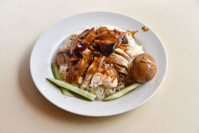 High angle view of food in plate on table