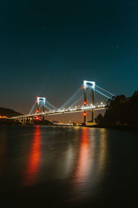 Illuminated bridge over river at night