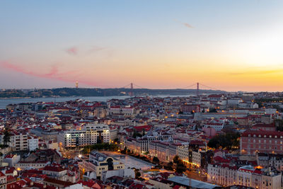 High angle view of townscape against sky during sunset