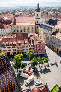 High angle view of buildings in town