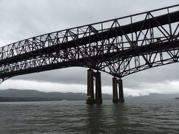 Low angle view of suspension bridge over river