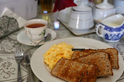 High angle view of breakfast served on table