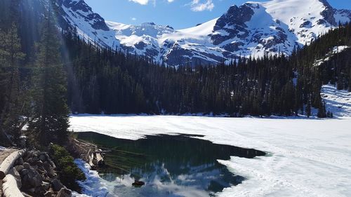 Scenic view of snowcapped mountains and lake during winter