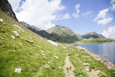 Scenic view of land and mountains against sky