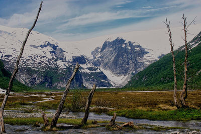 Scenic view of snowcapped mountains against sky