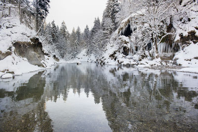 River in canyon with ice and snow at cold winterday