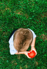 High angle view of man holding food on grass
