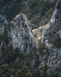 Aerial view of rope bridge on rock mountain