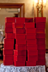 Close-up of red stack of box