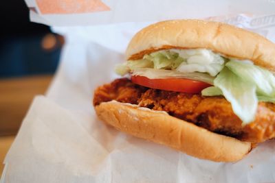 Close-up of burger on table