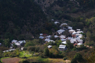 High angle view of townscape and trees