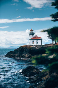 Lighthouse by sea against sky