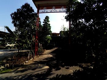 Street amidst trees and buildings against sky