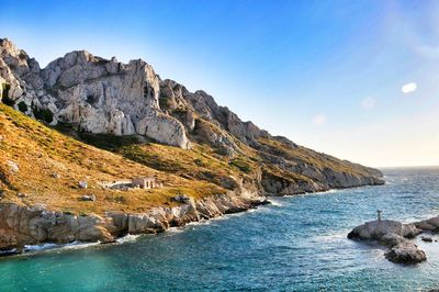 Scenic view of sea against blue sky