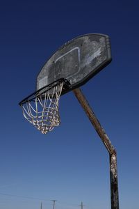 Low angle view of basketball hoop against clear blue sky