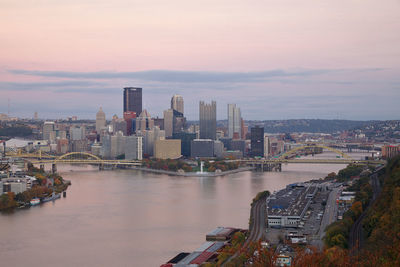 High angle view of city at waterfront