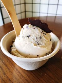 Close-up of ice cream in bowl on table