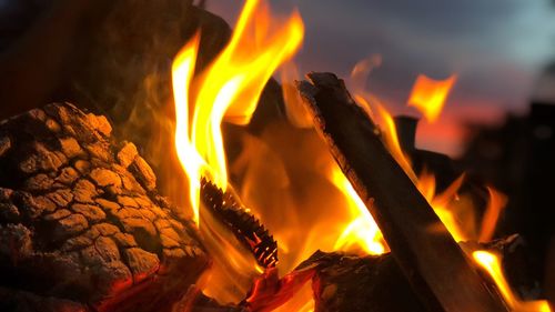 Close-up of fire burning at night