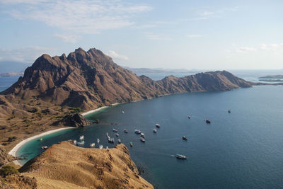 Scenic view of sea and mountains against sky