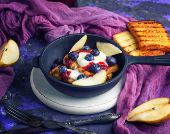 High angle view of breakfast on table