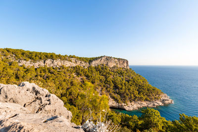 Big rock with forest and azure sea in summer