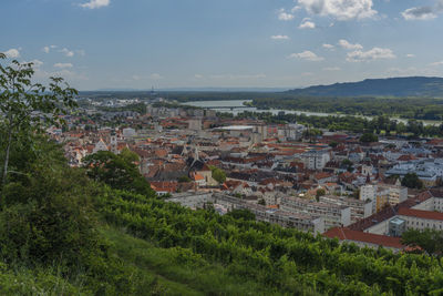 High angle view of townscape against sky