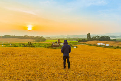 Rear view of man standing on field against sky during sunset