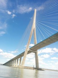 Low angle view of bridge over water against blue sky