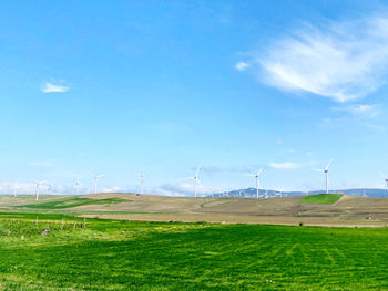 Wind turbines on field against sky