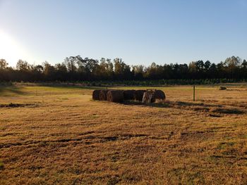 Hay bales on field against sky