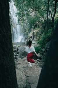 Rear view of woman standing in forest