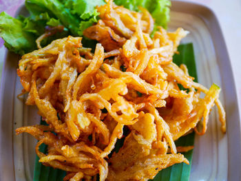 High angle view of pasta served in plate